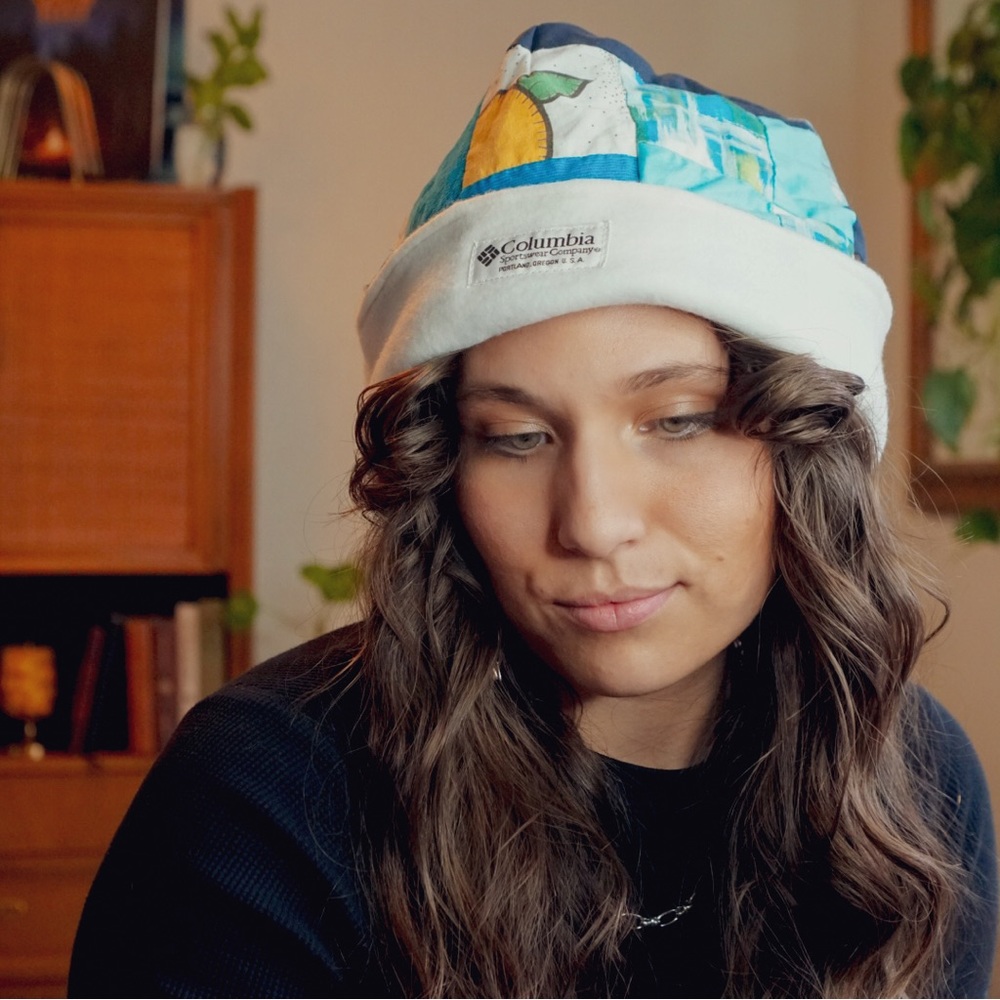 Handmade Upcycled Vintage Quilt Fleece Beanie Winter Hat Columbia tag